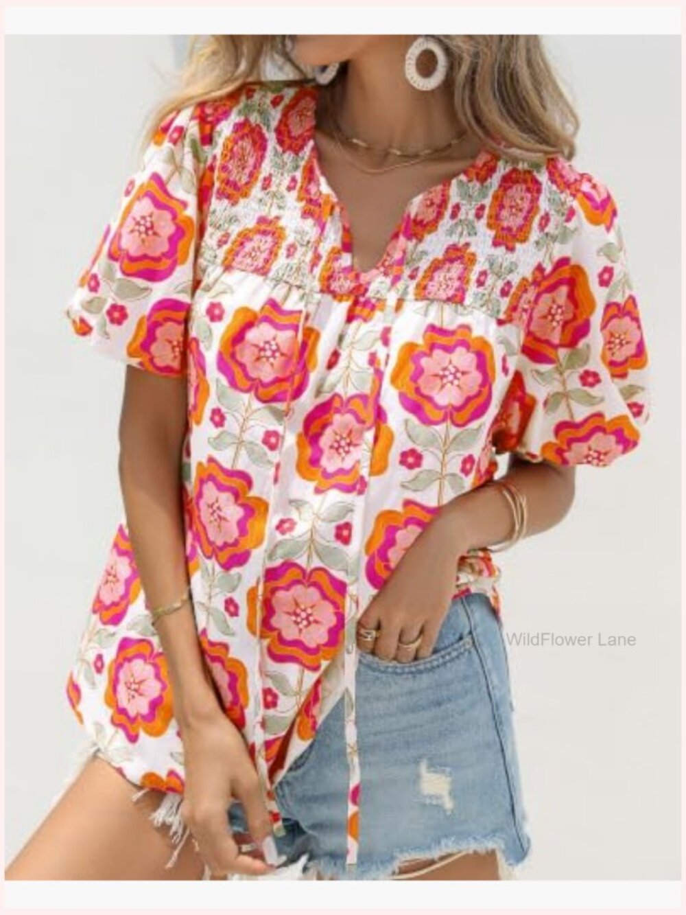 Boho Floral V Neck Blouse Drawstring Short Sleeve Summer Shirt - Picture 6 of 7